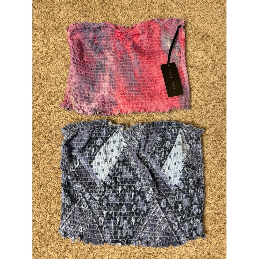 Bundle of 2 Smocked Tube Tops Y2K Fairycore Tie Dye / Printed Bandeau Tops